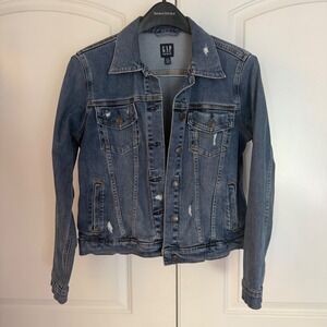Gap Denim Jacket Womens Medium Petite Blue Distressed Button Front Jean Jacket